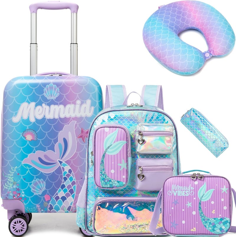 Inprof Cute Mermaid Kid’s Luggage Set 5 Piece Suitcase Set 16’’ Hardside Luggage with Spinner Wheels Girls Carry on Toddler Luggage Travel Rolling Suitcase Airline Approved - Image 1